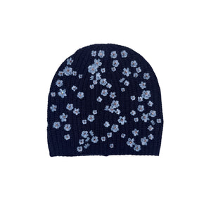 Ribbed Merino Beanie w. Embroidered Flowers