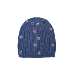 Merino Ribbed Beanie w. Embroidered Flowers/Eyes