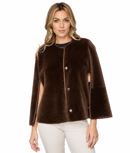 Shearling Reversible Open Front Cape - Brown