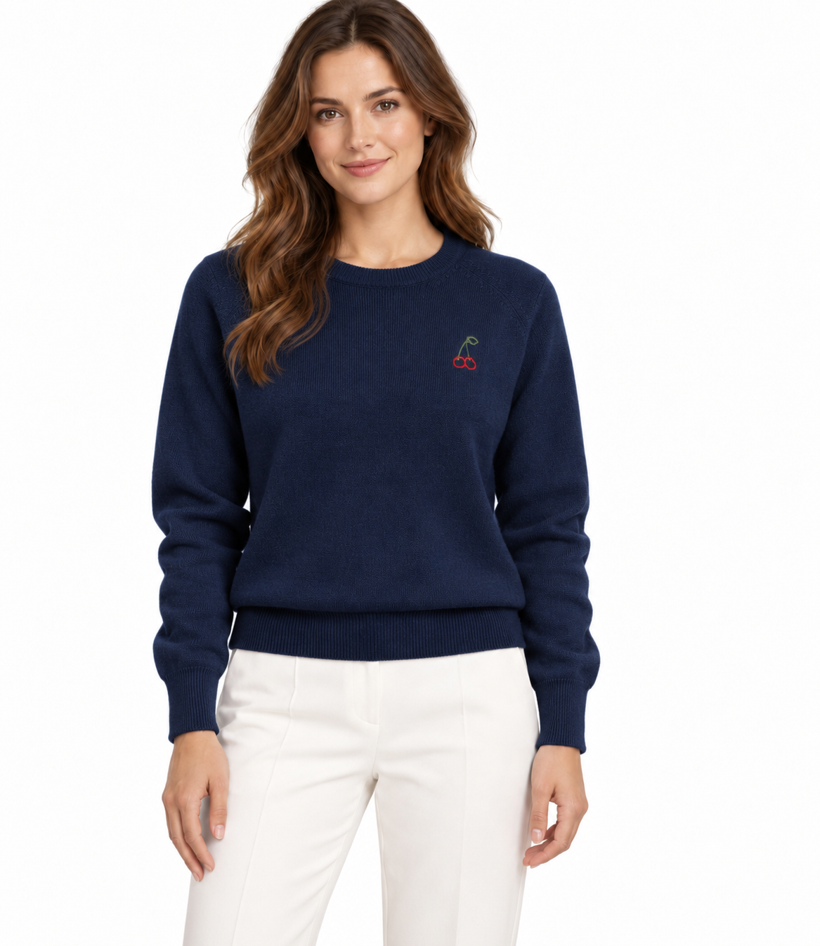 Cashmere Sweater with Cherry Embroidery -Navy