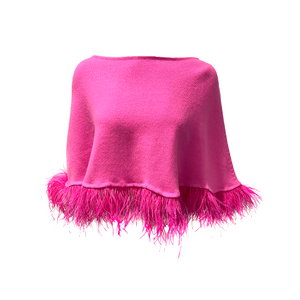 Cashmere Scalloped Cape with Ostrich Feather Trim - Hot Pink
