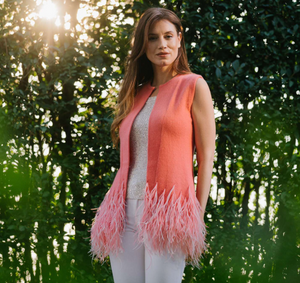 Cashmere Vest w. Ostrich Feather Trim- Coral