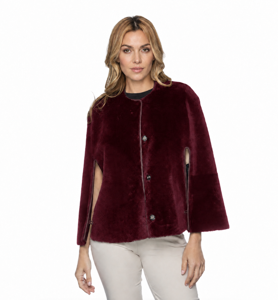 Shearling Reversible Open Front Cape - Burgundy