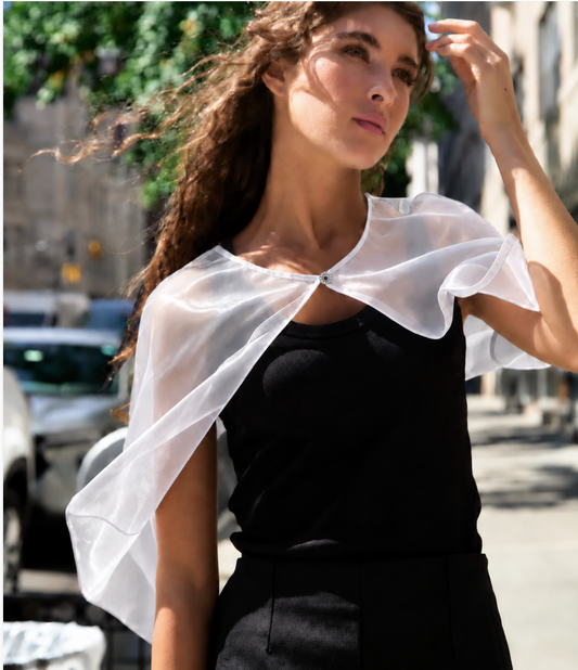 Hi Low Organza Open Front Cape w. Crystal Button - Off White