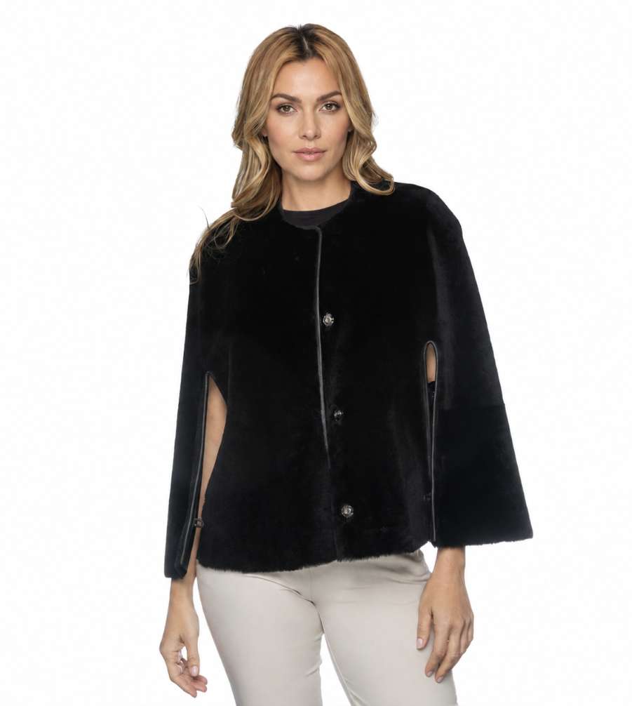 Shearling Reversible Open Front Cape - Black