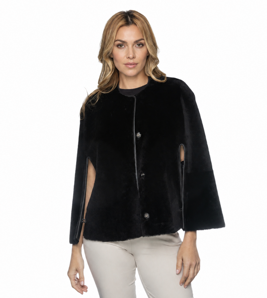 Shearling Reversible Open Front Cape - Black