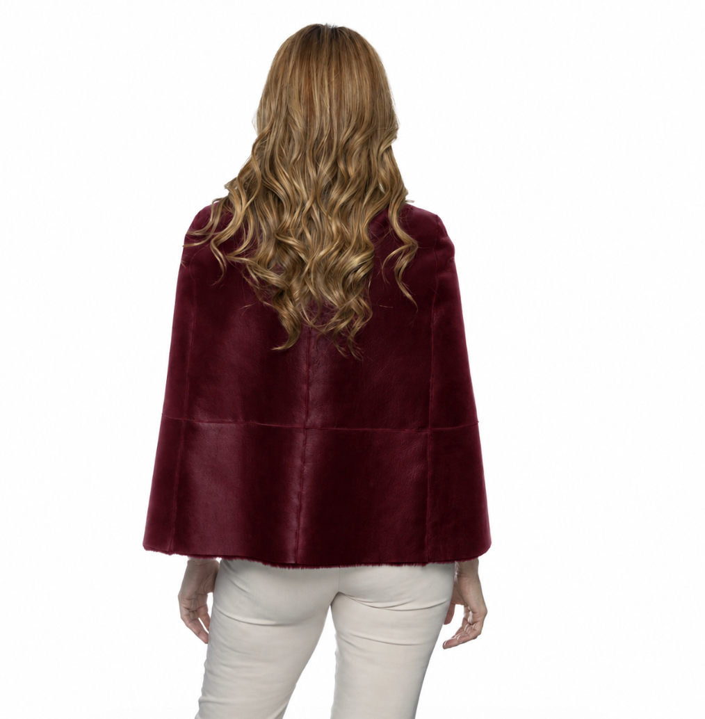 Shearling Reversible Open Front Cape - Burgundy