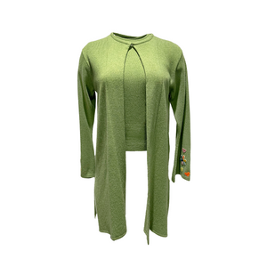 Light Cashmere Duster w Multi- Flower & Heart Patches - Sapling Green