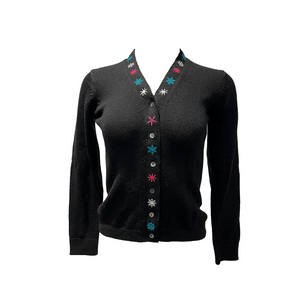 V-Neck Cardigan with Snowflake Embroidery Pockets - Black