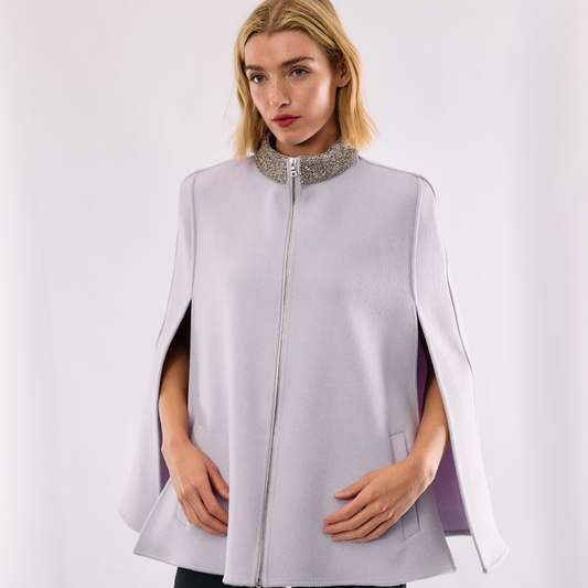 Cashmere Wool Cape with Beaded Collar - Lavender