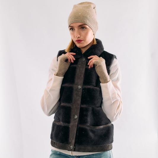 Sleeveless Shearling Vest w. Collar - Brown
