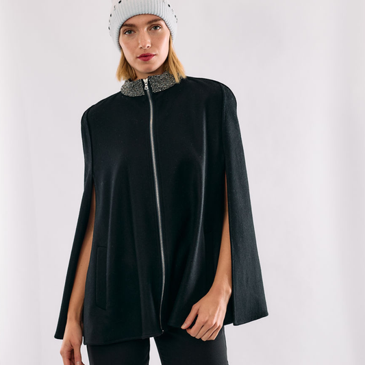 Cashmere Wool Cape with Beaded Collar - Black
