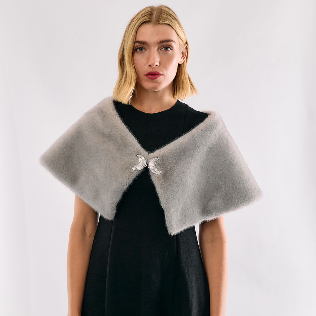 Faux Fur off The Shoulder Shrug - Light Grey