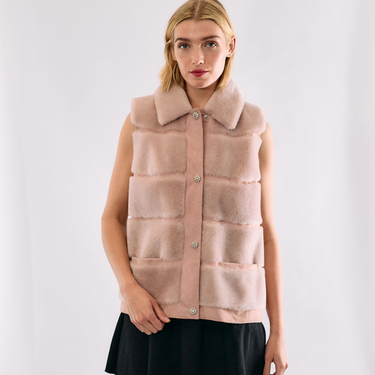 Sleeveless Shearling Vest w. Collar -Pink