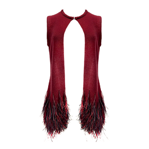 Mid Length Cashmere Vest with Ostrich Feather Hem - Red