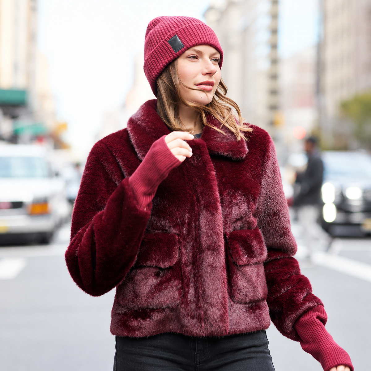 Faux Fur Reversible Bomber Jacket - Wine