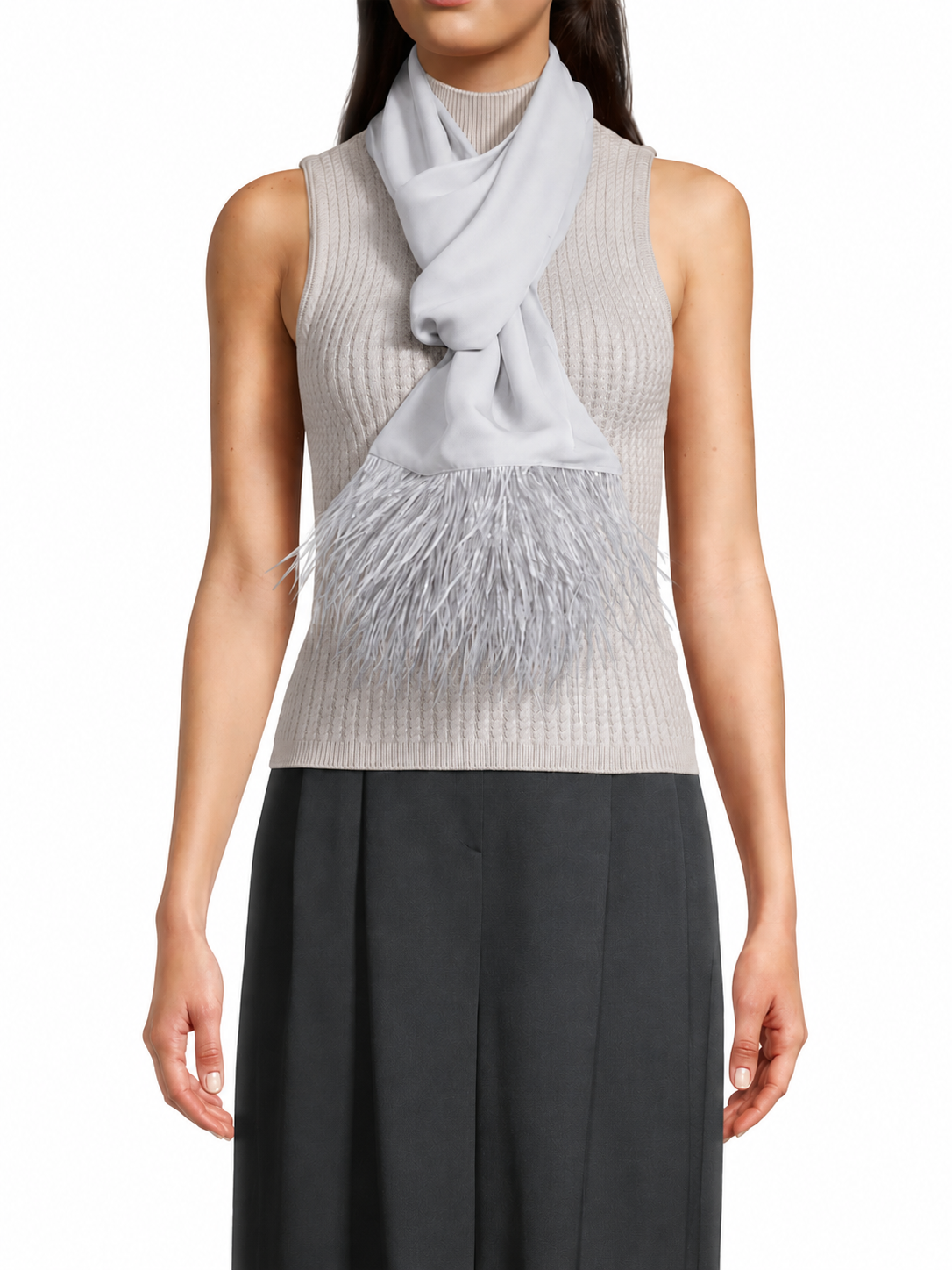 Silk Short Scarf with Ostrich Feathers