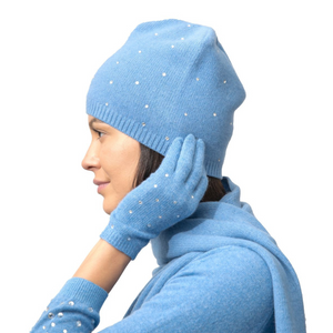 Cashmere Baggy Beanie w. Swarovski Crystals All Over - Pottery Blue
