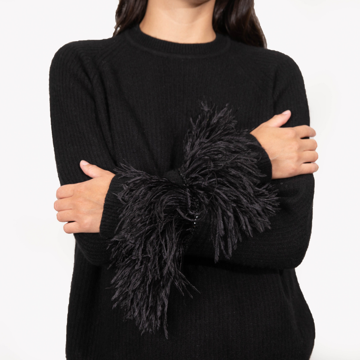 Cashmere Boyfriend Sweater w. Feather Cuffs – Carolyn Rowan Collection