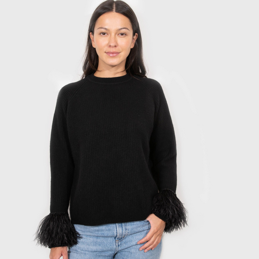 Cashmere Boyfriend Sweater with Feather Cuffs