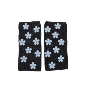 Merino Short Fingerless Gloves w. Lilies & Center Stone - Heather Charcoal & Light Blue
