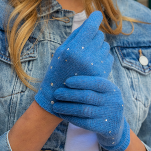 Full Finger Gloves w. Swarovski Crystals All Over - Pottery Blue