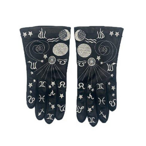Silk Lined Leather Gloves W. Atrological Embroidery - Black