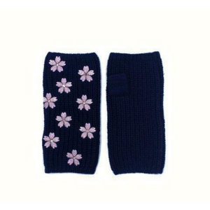 Merino Short Fingerless Gloves w. Lilies & Center Stone - Navy & Pink