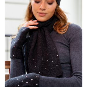 Long Cashmere Scarf w. Scattered Swarovski Crystal Edges - Heather Charcoal