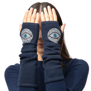Cashmere Long Fingerless Gloves w. Crystal Evil Eye Medallion