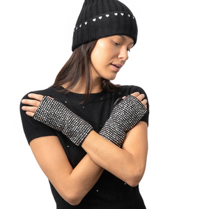 Cashmere Short Fingerless Gloves w. Crystals all Over