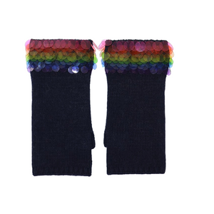 Cashmere Short Fingerless Gloves w. Paillette Cuff - Navy with Rainbow