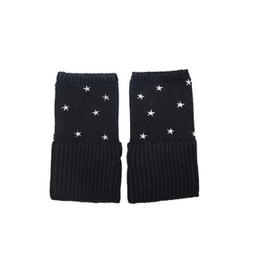 Chunky Short Fingerless Merino Gloves w. Embroidered Stars - Black