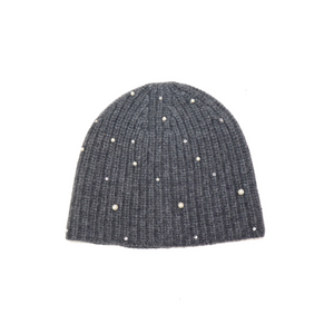 Short Ribbed Cashmere Beanie w. Scattered Crystals & Pearls - Grey