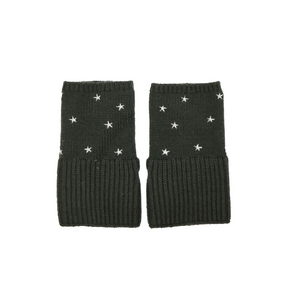 Chunky Short Fingerless Merino Gloves w. Embroidered Stars - Loden Green