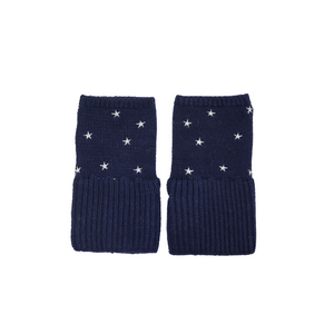 Chunky Short Fingerless Merino Gloves w. Embroidered Stars - Notte Blue