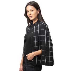 Cashmere Window Pane Cape with Side Slits & Crystal Neckline
