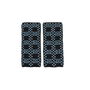 Short Fingerless Merino Gloves w. Embroidered Lurex Star Grid - Black w. Light Blue