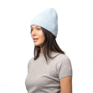 Cashmere Ribbed Cuff Beanie w. Scattered Crystals