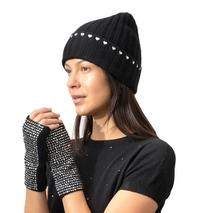 Cashmere Ribbed Cuff Beanie w. Crystal Hearts