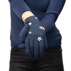 Cashmere Full Finger Gloves w. Flower Embellishment