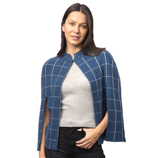Cashmere Window Pane Cape with Side Slits & Crystal Neckline - Denim