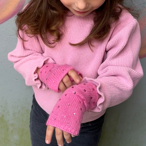 Kids Cashmere Short Fingerless Gloves with Pink Crystals