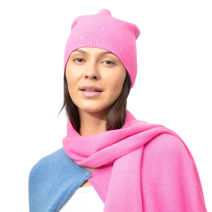 Cashmere Baggy Beanie w. Swarovski Crystals All Over - Hot Pink
