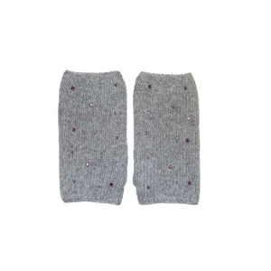 Kids Short Fingerless Gloves w. Two Tone Crystals - Light Heather Grey