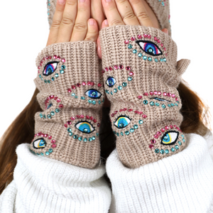 Kids Merino Short Fingerless Gloves w. Evil Eyes