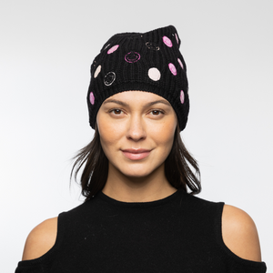 Ribbed Merino Baggy Beanie with Smile Faces - Black w. Pink