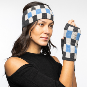 Cashmere Checkered Short Fingerless Gloves w. Swarovski Embellished Tab