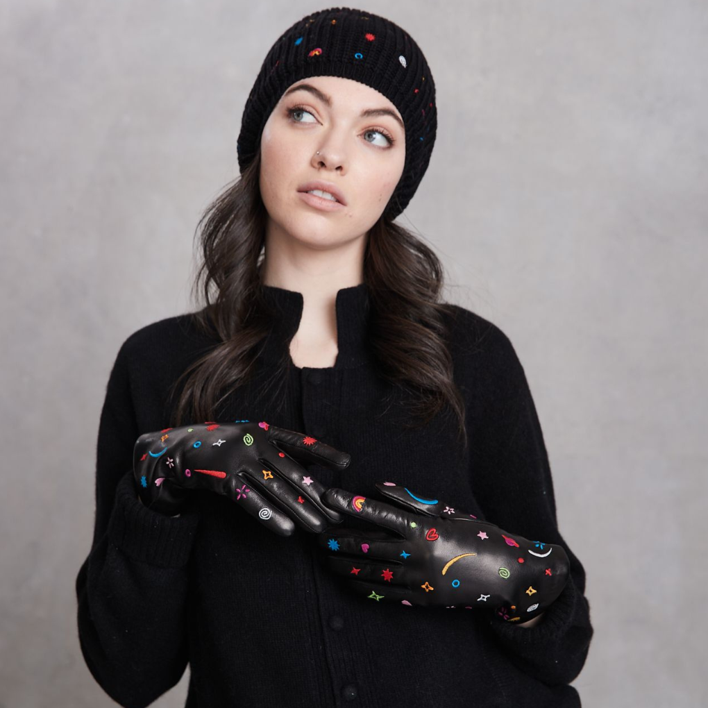 Leather Full Finger Gloves w. Mixed Embroidery Carolyn Rowan Collection